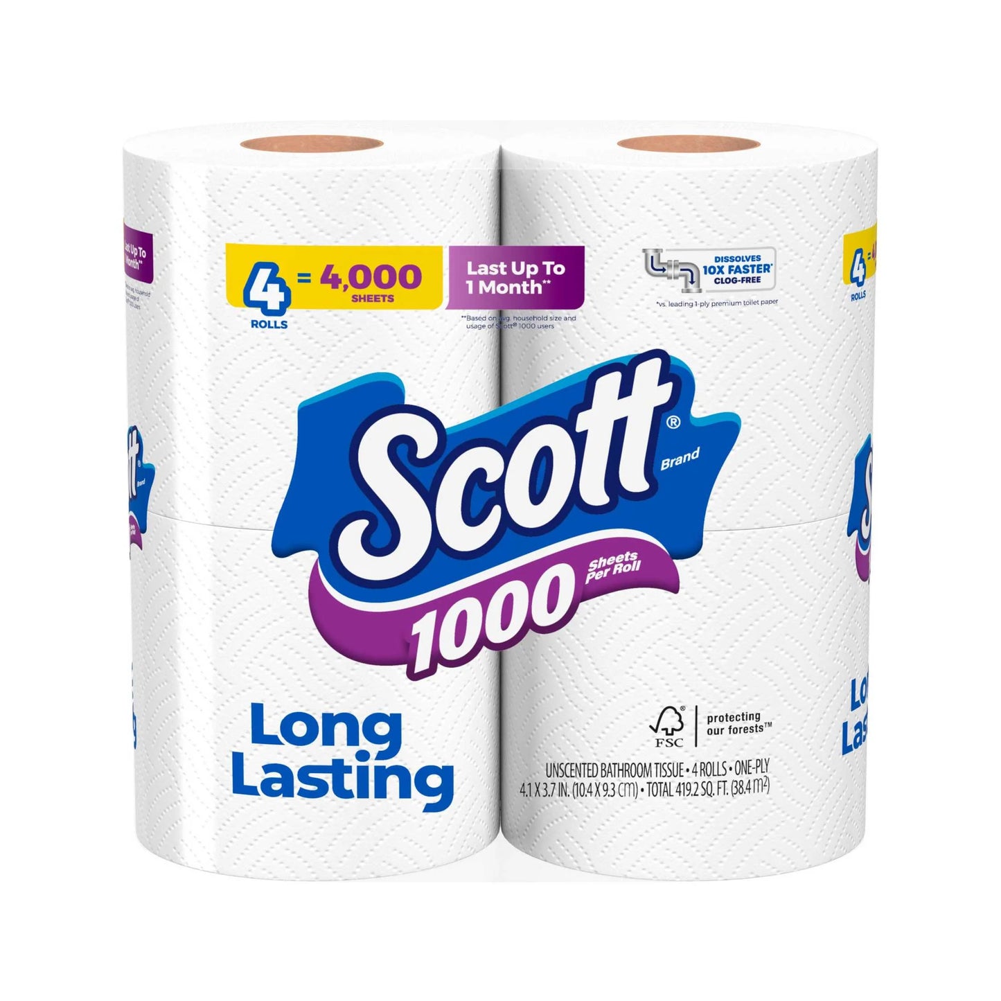 1000 Toilet Paper, 4 Rolls, 1,000 Sheets per Roll