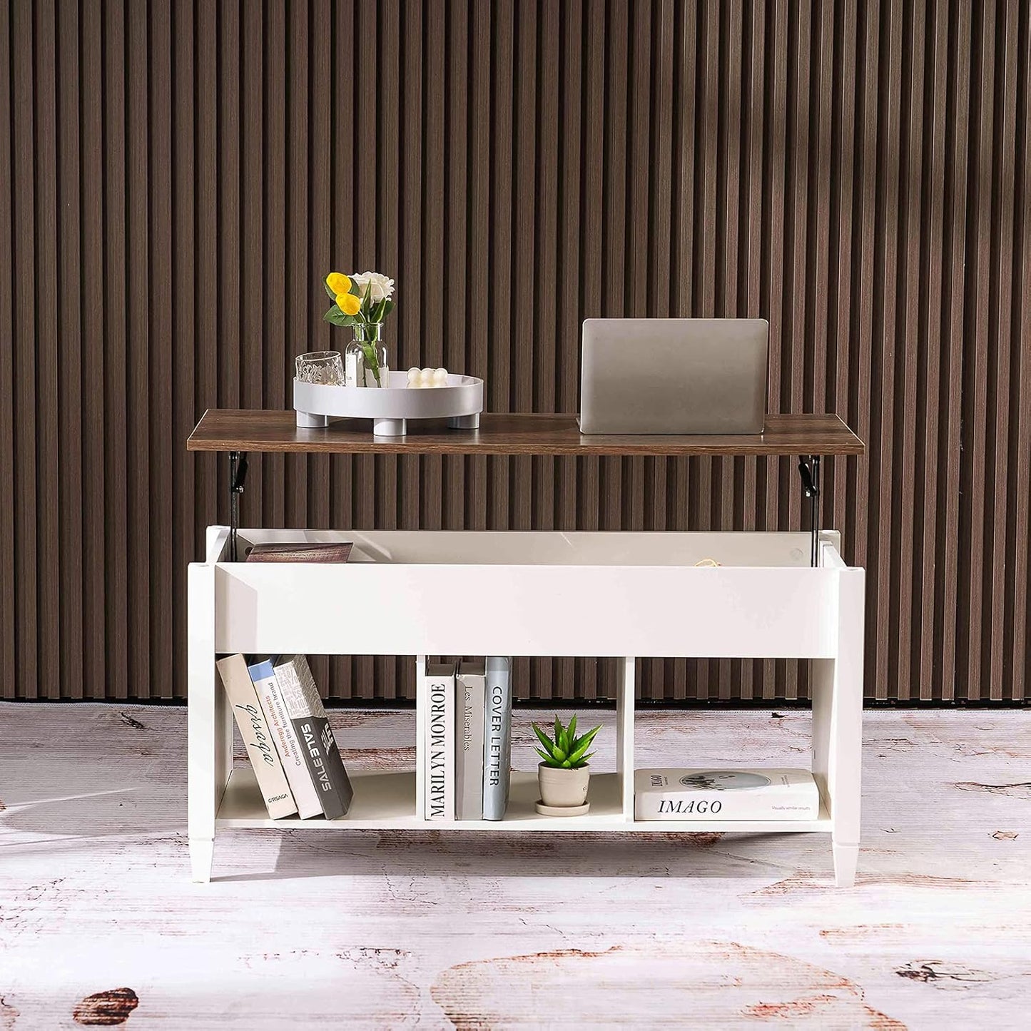 Lift Top Coffee Table with Storage Shelf W/Hidden Compartment and 3 Lower Open Shelves for Living Room,White