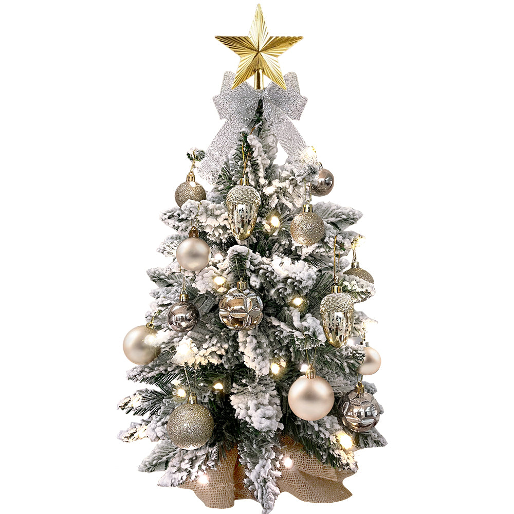 2Ft Mini Christmas Tree with Light Artificial Small Tabletop Christmas Decoration with Flocked Snow, Exquisite Decor & Xmas Ornaments for Table Top for Home & Office, Rose Gold