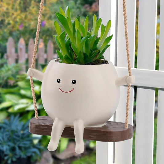 Glossy Swing Smiley Face Planter Pot Head, Small Hanging Planter for Indoor Outdoor Plants, Cute Hanging Flower Pot for String of Pearls Plant Live, Birthday Gifts