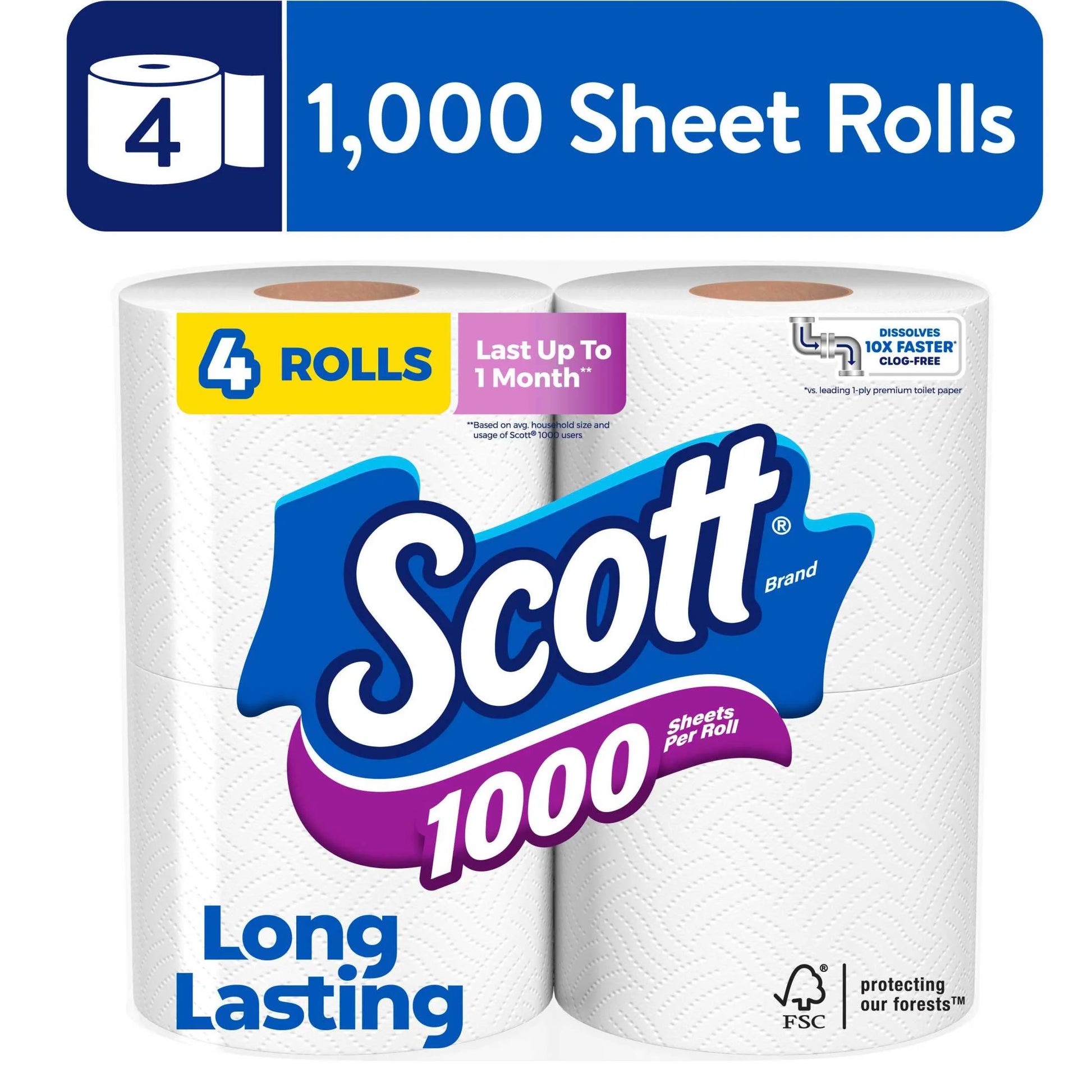 1000 Toilet Paper, 4 Rolls, 1,000 Sheets per Roll