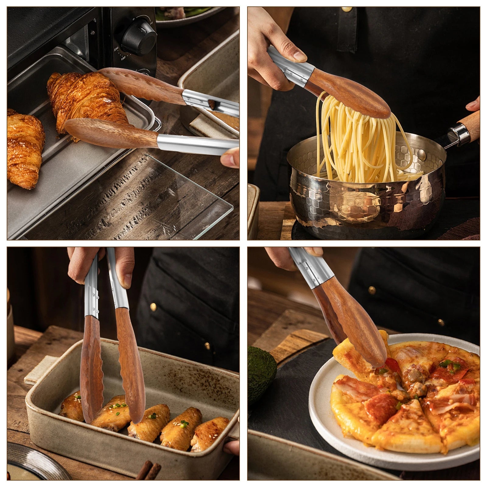 2Pcs Kitchen Wooden Tongs for Cooking - Nonstick Kitchen Salad Tongs for Serving Food, Grilling, Cooking, BBQ and Tossing Salad - Made of Natural Walnut Wood