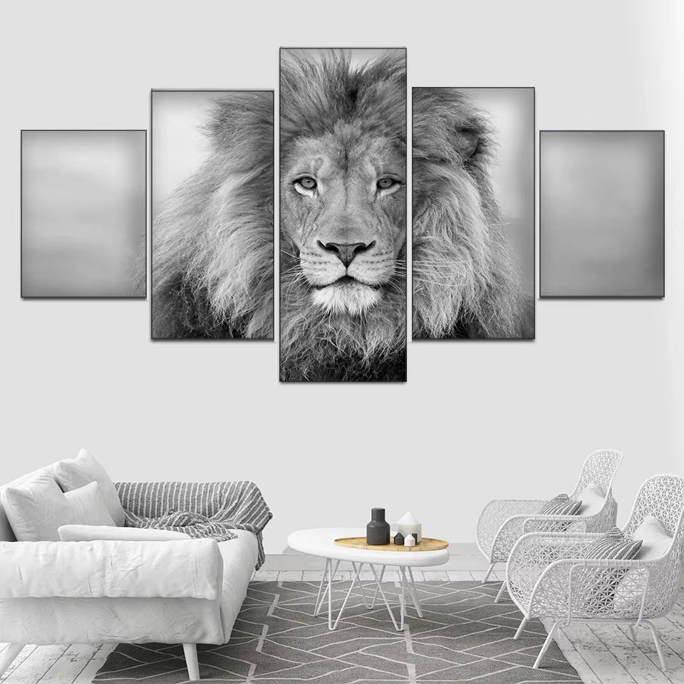 Black and White Animals Modular Canvas Pictures Art 5 Pieces Lion Poster Decor Living Room Wall HD Printing Paintings Framework
