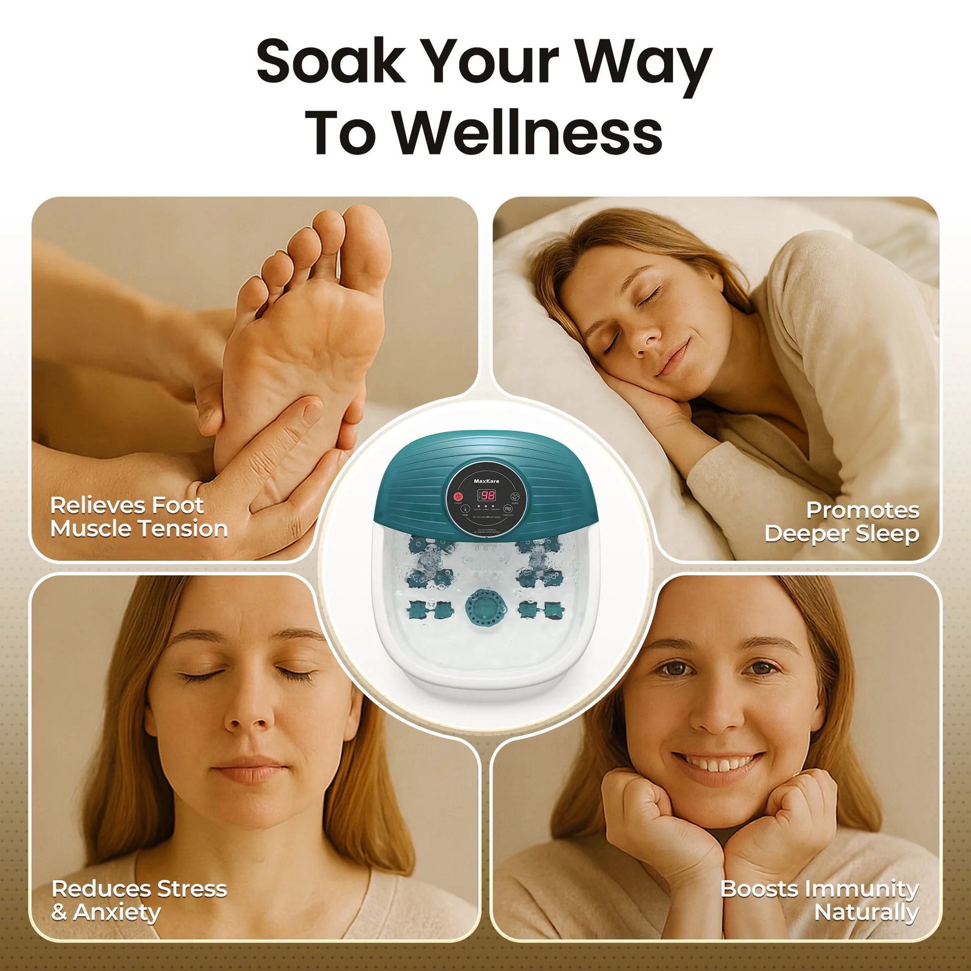 Foot Soak Spa Bath Massager with Heat, Bubbles, and Vibration, Digital Temperature Control, 16 Detachable Massage Rollers, Soothe and Comfort Feet - Green