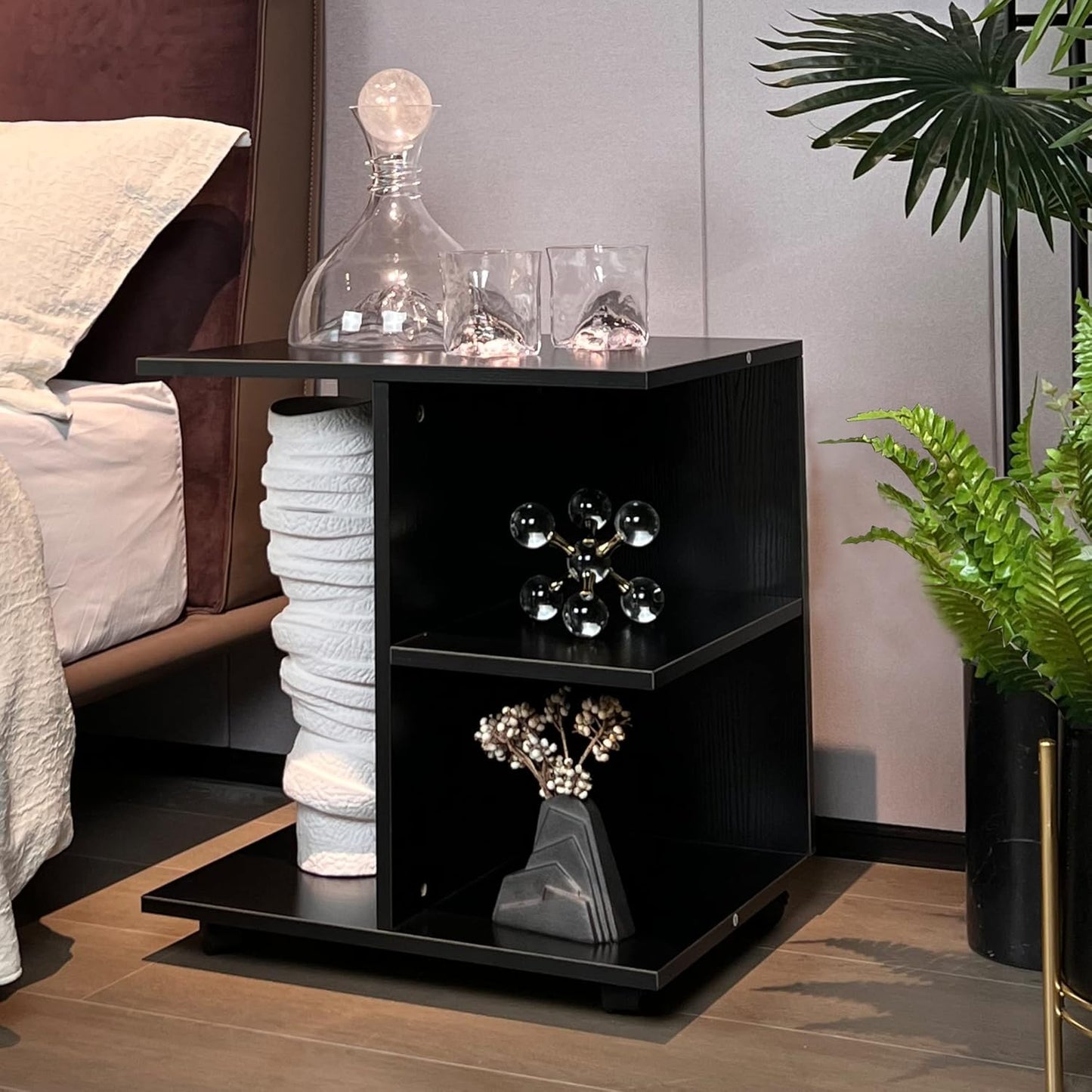 Nightstand Modern End Side Table with Open Shelf, Wood Bedside Table with Rolling Wheels, Night Printer Stand Storage Shelf, Black Finish