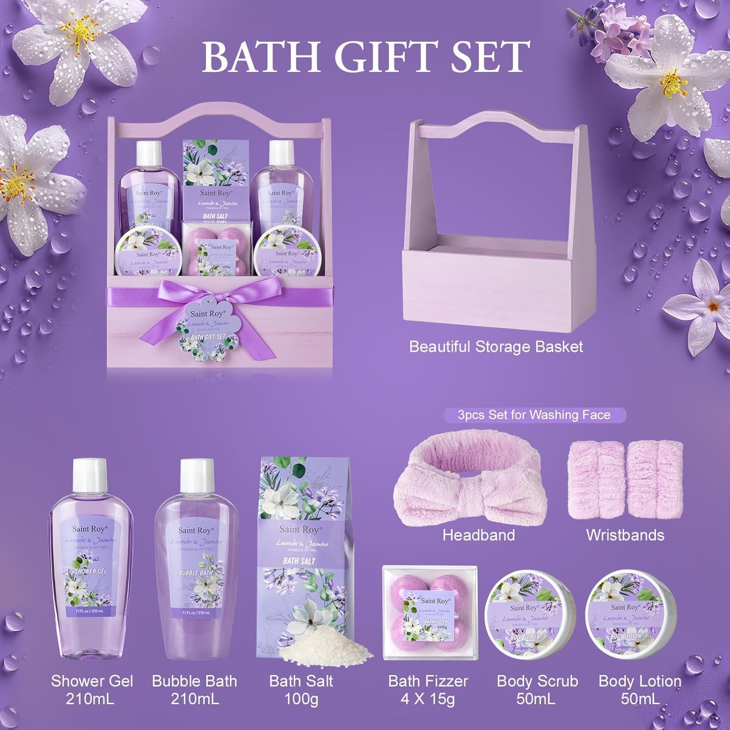 Bath and Body Gift Basket Set for Women - Jasmine Christmas Gifts for Women, Spa Gift Basket 13-Piece Bath Gift Set, Gift Set for Ladies Body & Bath Gifts Set Lavender Gift Baskets for Mom