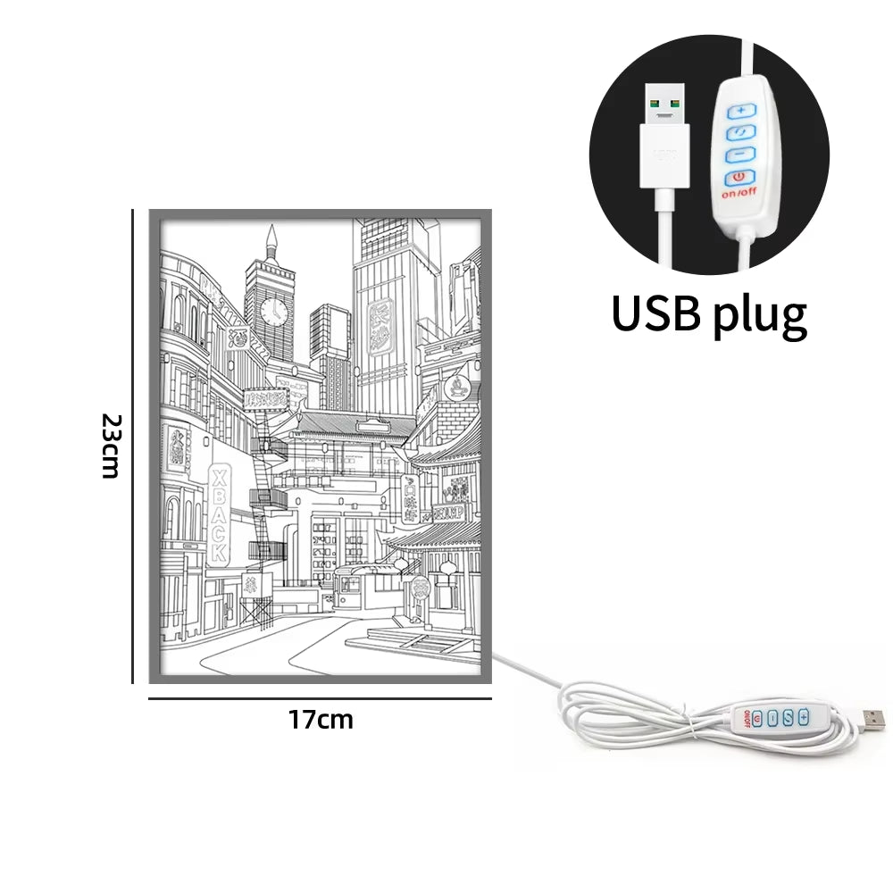 LED Beautiful City Night View Light Painting,Hd Picture Narrow Bezel Usb Plug Dimming Romantic Home Decorations Night Lamp