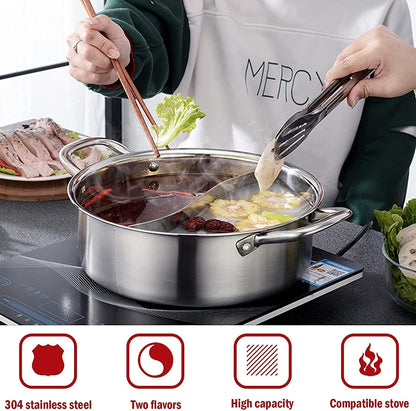 13Inch Hot Pot with Divider Lid Stainless Steel Shabu Shabu Pot for Induction Cooktop Gas Stove Kitchen Cooker, Dual Sided Soup Cookware with 2 Soup Ladles