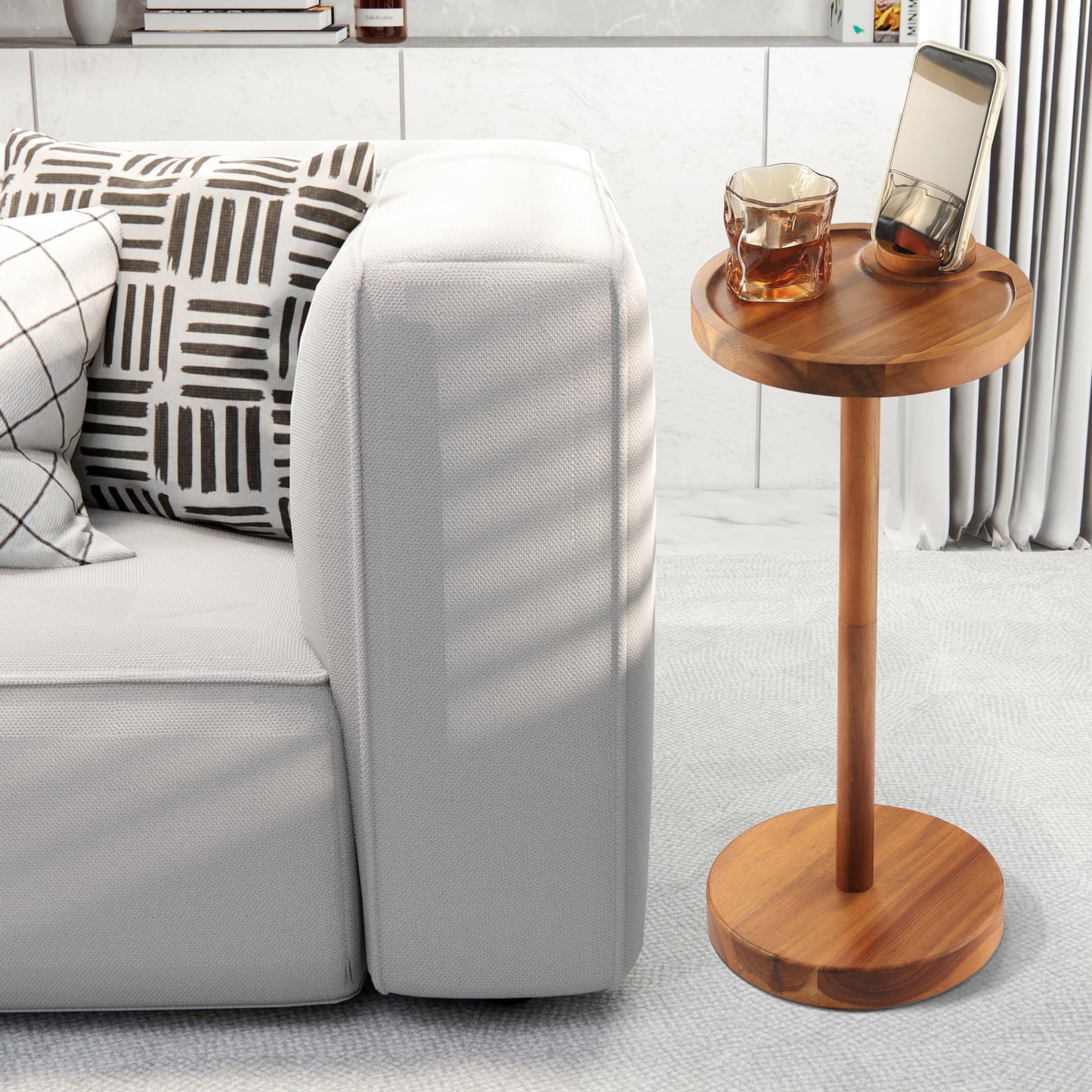 Pedestal Side Table Acacia Drink Table with Weighted Base Small Round Side Table for Small Spaces with 360 Rotating Phone Holder Martini & Cocktail Pedestal End Table for Living Room Home Office