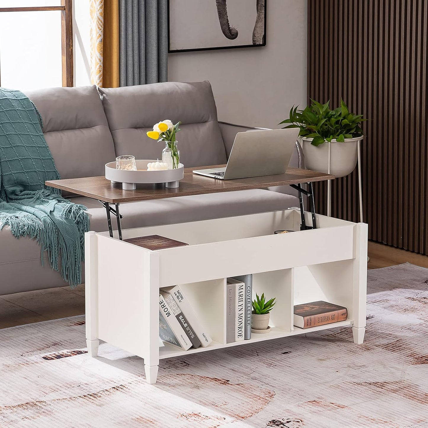 Lift Top Coffee Table with Storage Shelf W/Hidden Compartment and 3 Lower Open Shelves for Living Room,White