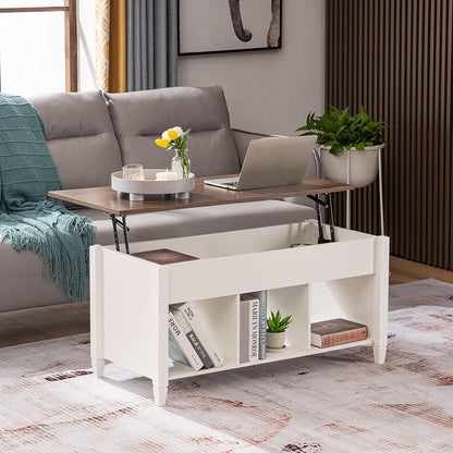 Lift Top Coffee Table with Storage Shelf W/Hidden Compartment and 3 Lower Open Shelves for Living Room,White