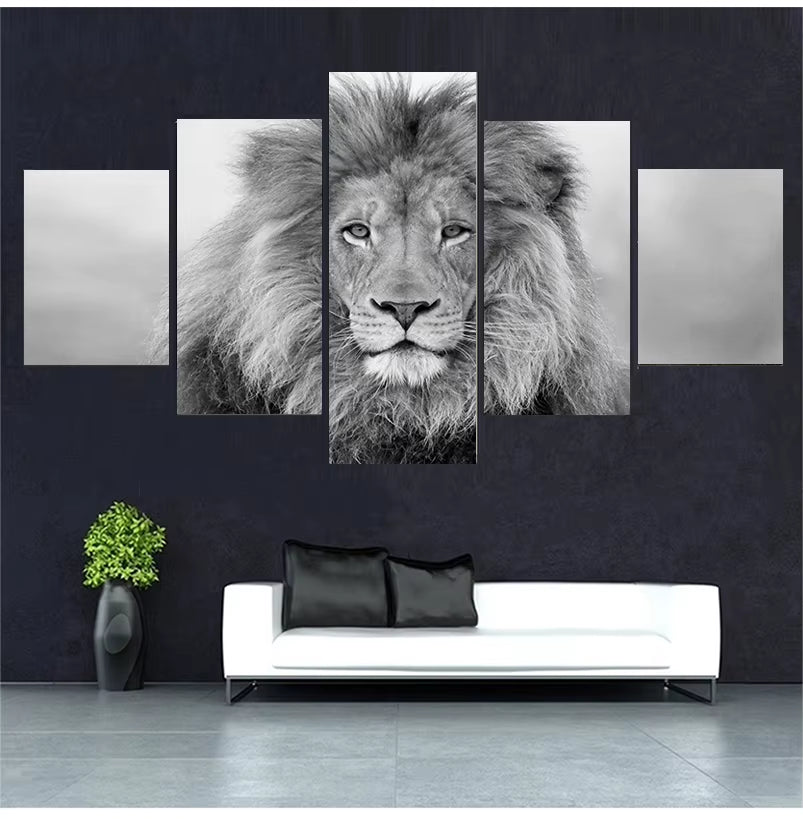 Black and White Animals Modular Canvas Pictures Art 5 Pieces Lion Poster Decor Living Room Wall HD Printing Paintings Framework