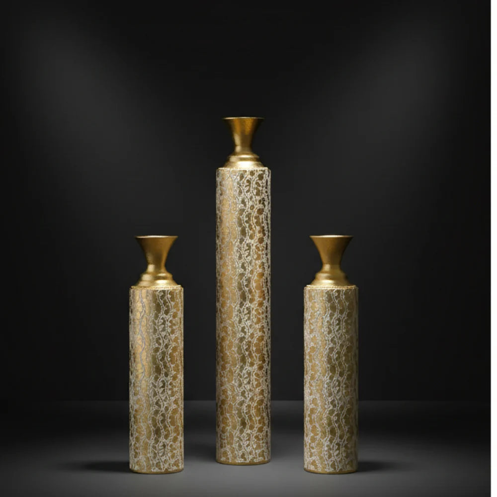 Set of 3 Gold & White Metal Floor Vases Distressed Vine Pattern Tall Decorative Cylinder Vase Set for Living Room