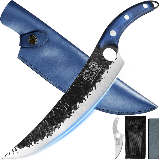 XYJ FULL TANG 10 Inch Stainless Steel Boning Knife Chef Fishing Knives Carry Leather Sheath Outdoor Cooking Knives Meat Butcher Knife For Camping Kitchen or Outdoor BBQ Blues 10 Inch