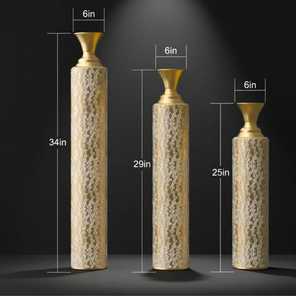 Set of 3 Gold & White Metal Floor Vases Distressed Vine Pattern Tall Decorative Cylinder Vase Set for Living Room