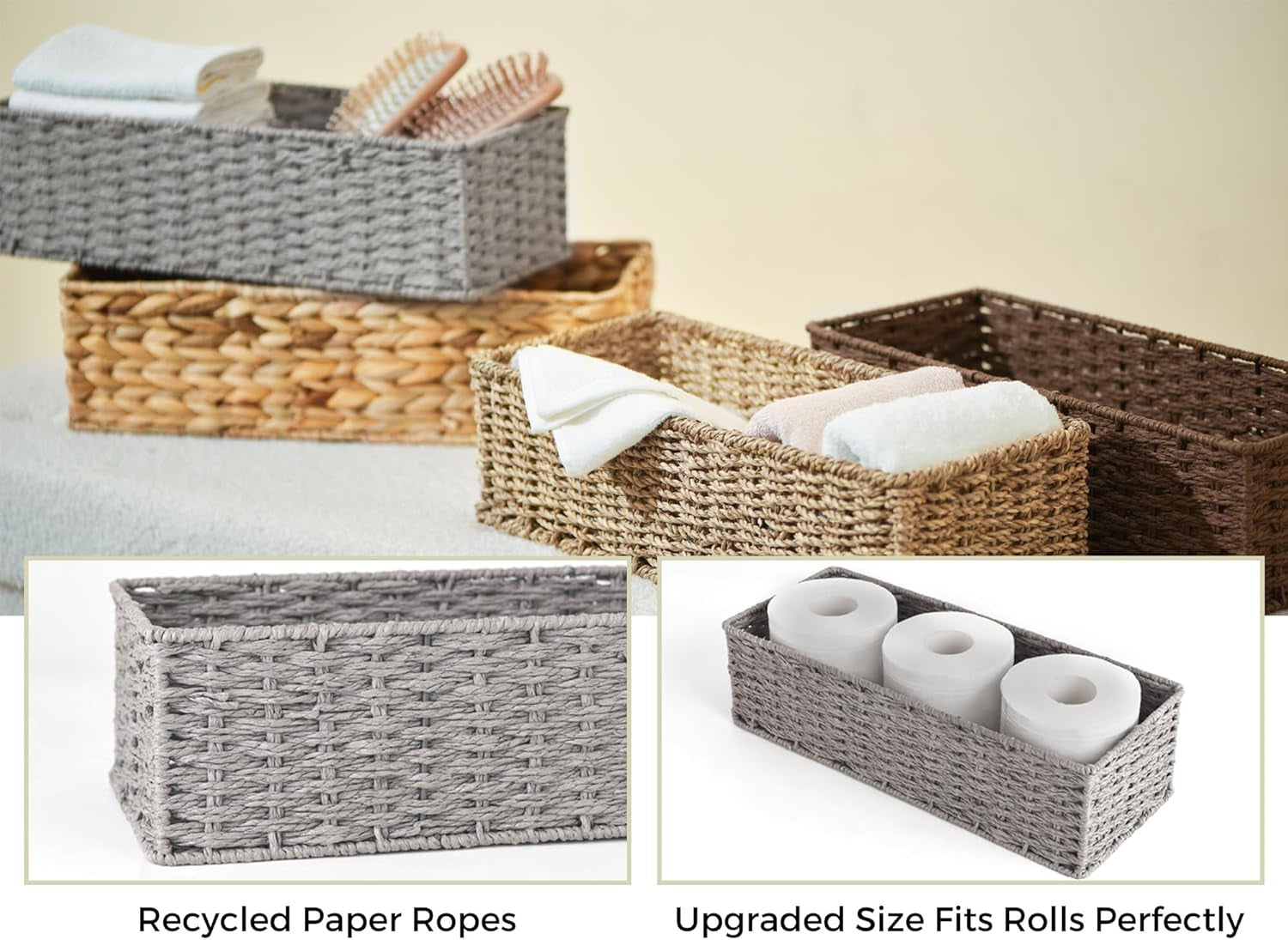 round Paper Rope Toilet Tank Topper Basket, Wicker Basket for Bathroom, Gray, 2-Pack