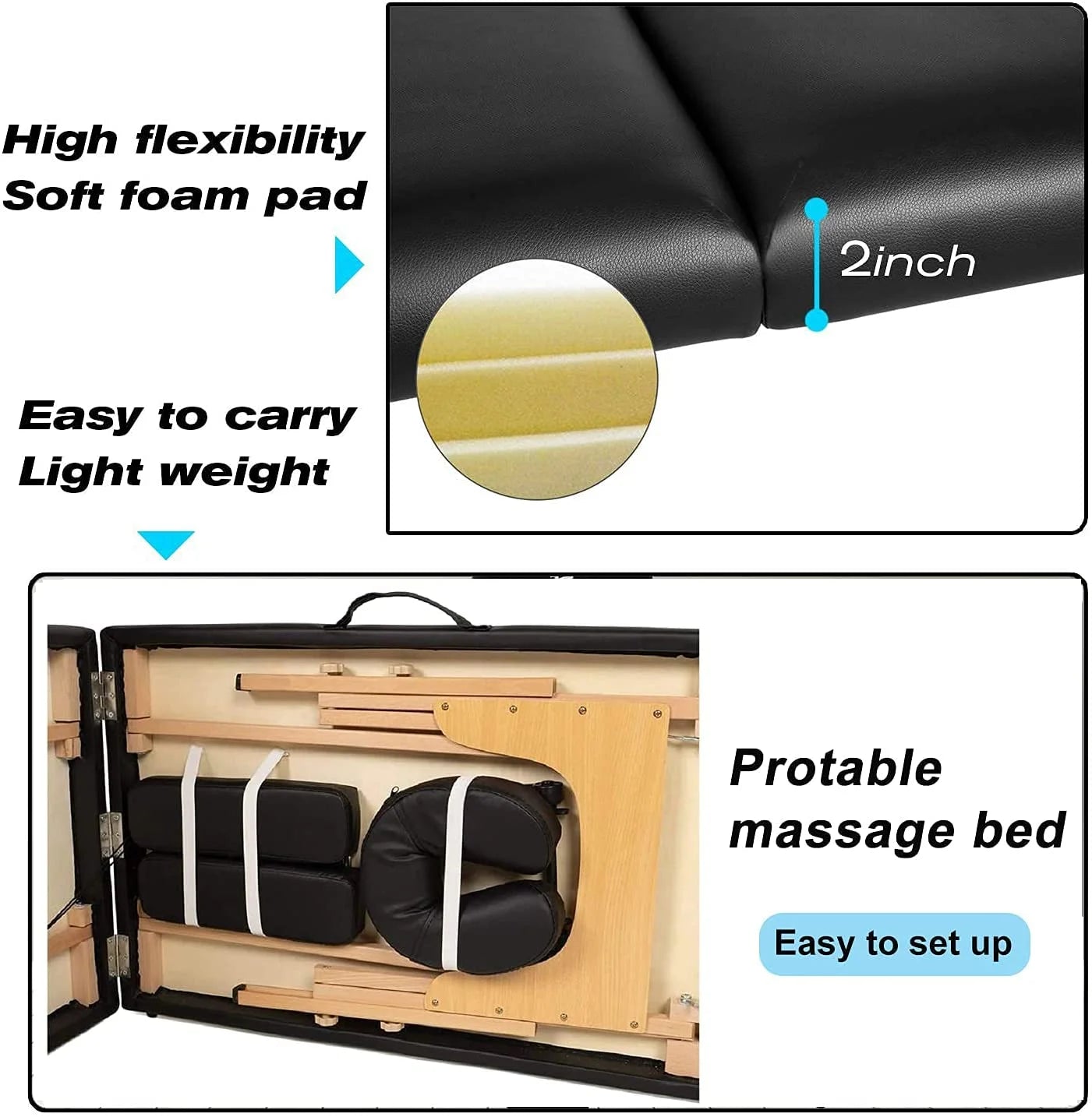 Professional Massage Table Portable Folding Massage Bed 73 Inch 2 Fold Height Adjustable Spa Bed W/Carry Case, 450 LBS, Black