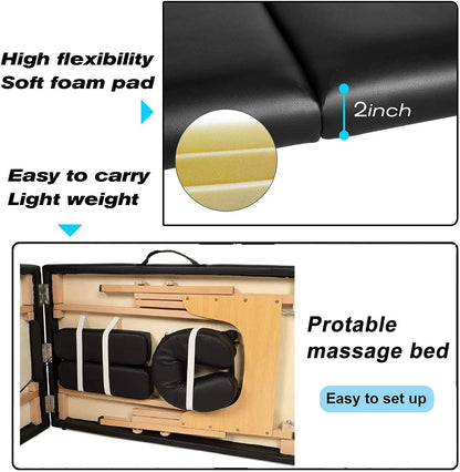 Professional Massage Table Portable Folding Massage Bed 73 Inch 2 Fold Height Adjustable Spa Bed W/Carry Case, 450 LBS, Black