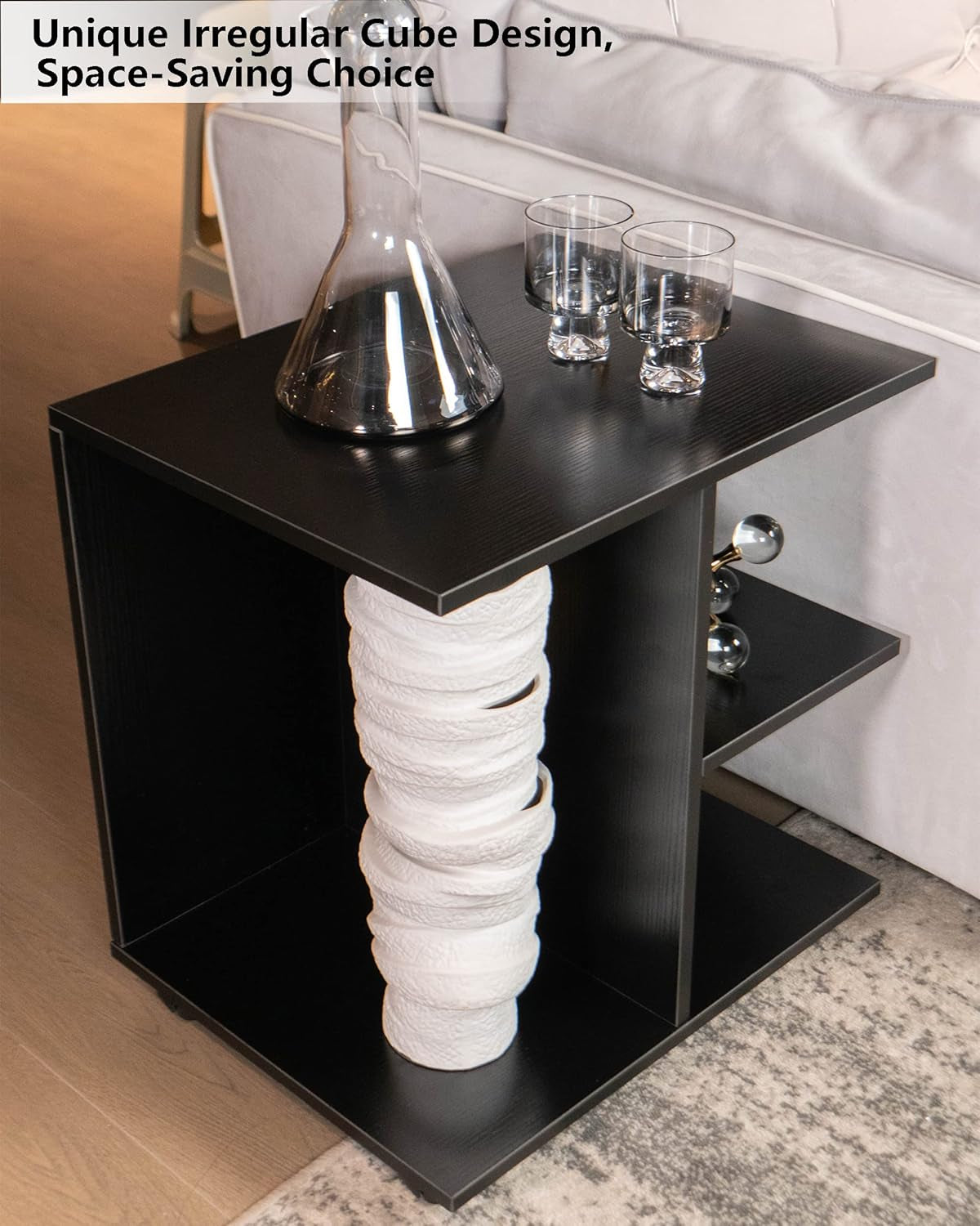 Nightstand Modern End Side Table with Open Shelf, Wood Bedside Table with Rolling Wheels, Night Printer Stand Storage Shelf, Black Finish