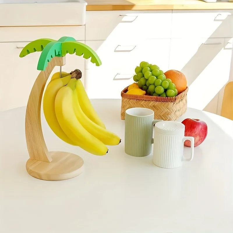 Wooden Banana Holder Stand, Rustic Wood Banana Hanger with Metal Hook for Countertop Kitchen Storage Grape Holder to Keep Fruits Fresh