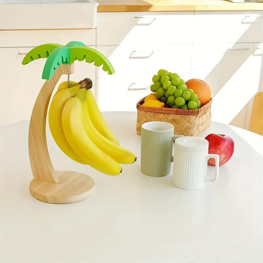 Wooden Banana Holder Stand, Rustic Wood Banana Hanger with Metal Hook for Countertop Kitchen Storage Grape Holder to Keep Fruits Fresh