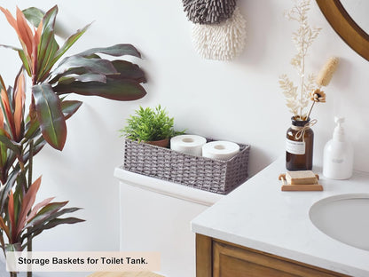 round Paper Rope Toilet Tank Topper Basket, Wicker Basket for Bathroom, Gray, 2-Pack