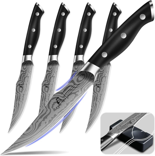Steak Knives Set of 4 CoquusAid 4.8 Inch Fine-Edge Super Sharp Table Knives With Rest Premium Germany Stainless Steel Damascus Pattern Ergonomic Handle Dishwasher Safe Elegant Black Ideal for Gift