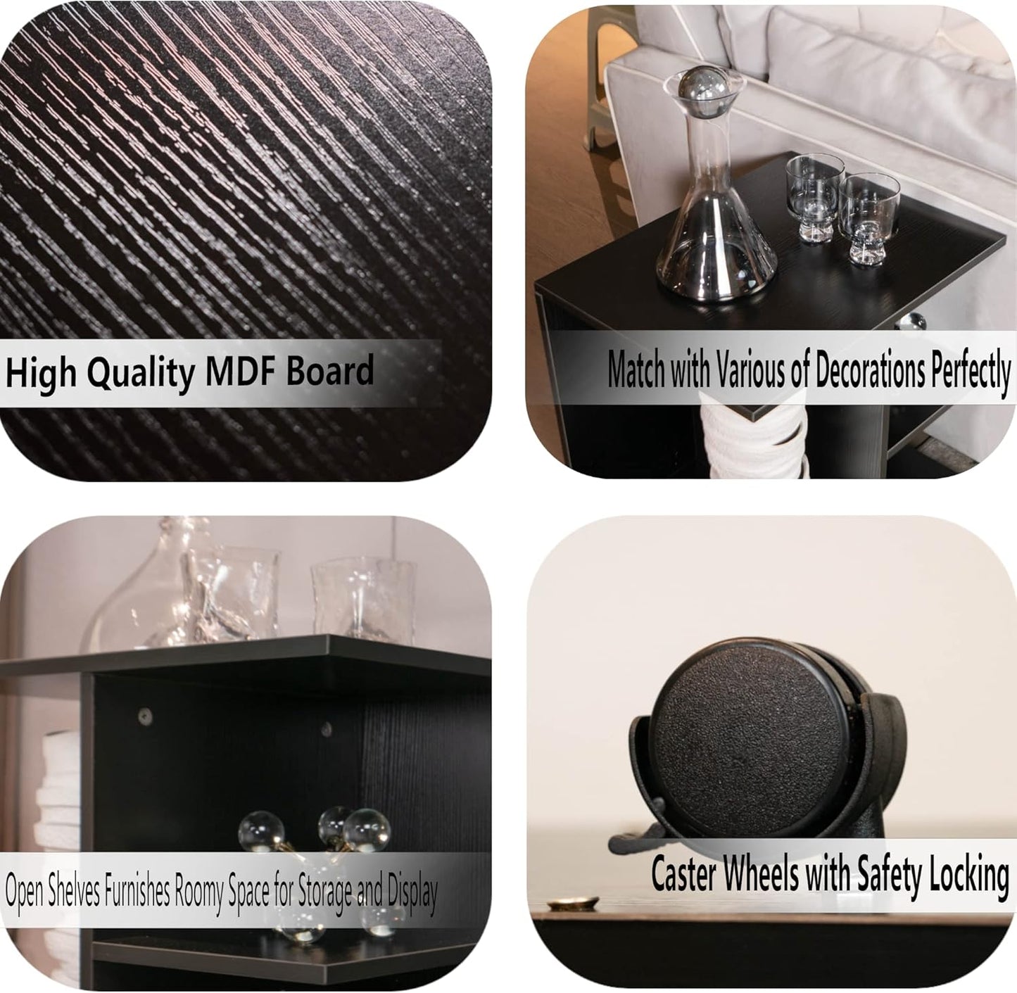 Nightstand Modern End Side Table with Open Shelf, Wood Bedside Table with Rolling Wheels, Night Printer Stand Storage Shelf, Black Finish