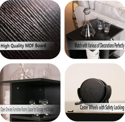 Nightstand Modern End Side Table with Open Shelf, Wood Bedside Table with Rolling Wheels, Night Printer Stand Storage Shelf, Black Finish