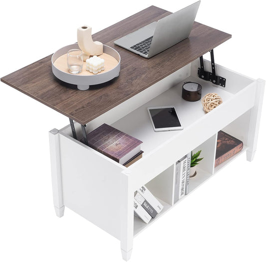 Lift Top Coffee Table with Storage Shelf W/Hidden Compartment and 3 Lower Open Shelves for Living Room,White