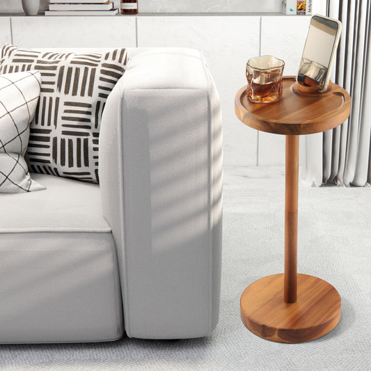 Pedestal Side Table Acacia Drink Table with Weighted Base Small Round Side Table for Small Spaces with 360 Rotating Phone Holder Martini & Cocktail Pedestal End Table for Living Room Home Office