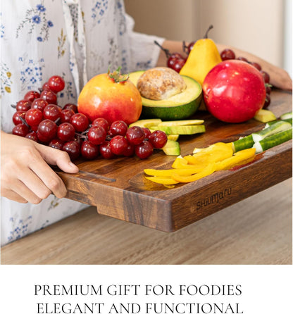 Tropical Walnut Wood Cutting Board – 17X13X1.6" Charcuterie | Handmade in Bali - Silky-Smooth, Juice Groove, Sorting Compartment, Knife‑Friendly, Ergonomic Grips & Non‑Slip Feet