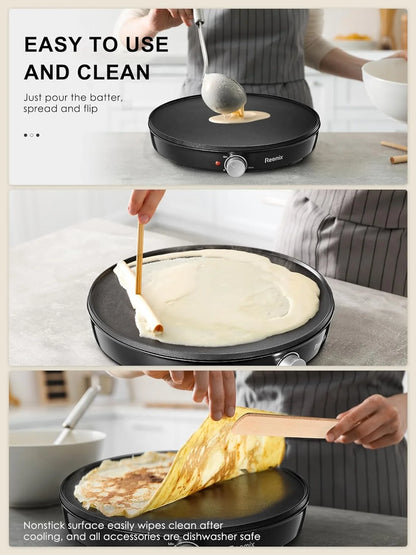 Crepe Maker Machine,  Nonstick 12” Electric Griddle, Compact Pancake Griddle Precise Temperature Control, Batter Spreader for Eggs, Pancakes, Includes Spatula, Spreader（Black）