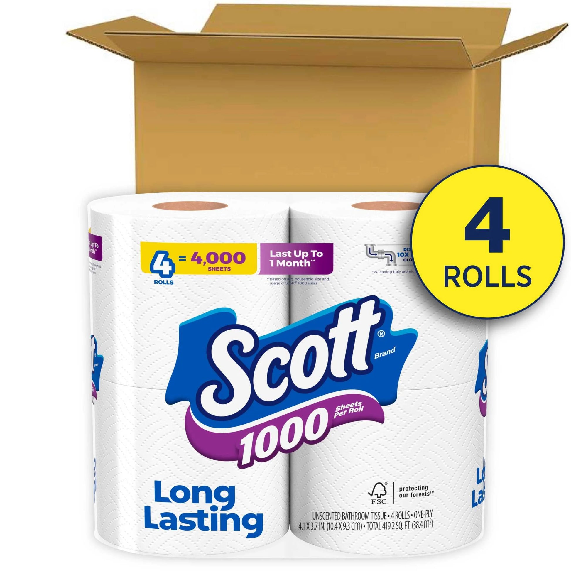 1000 Toilet Paper, 4 Rolls, 1,000 Sheets per Roll
