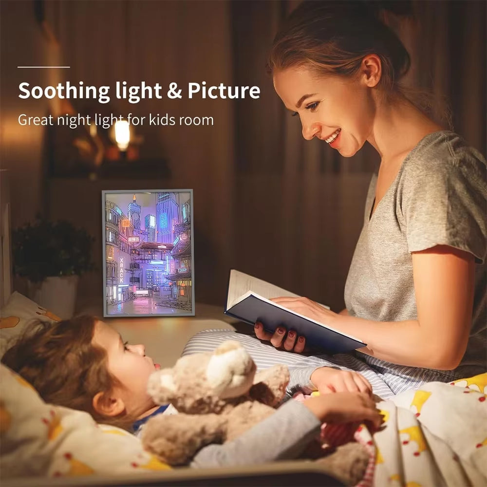 LED Beautiful City Night View Light Painting,Hd Picture Narrow Bezel Usb Plug Dimming Romantic Home Decorations Night Lamp