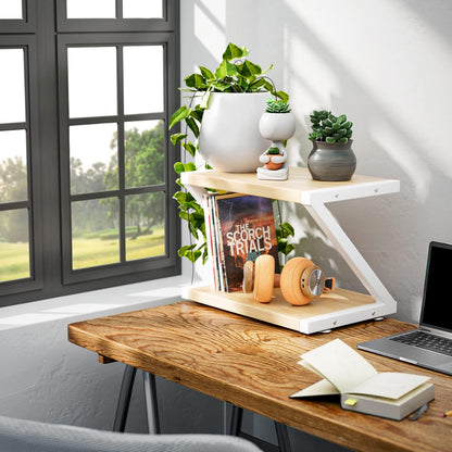 Printer Stand with Storage, Desktop Shelf with Anti-Skid Pads, Printer Table Organizer W/ 2 Tier Tray & Hardware & Steel (Light Wood)