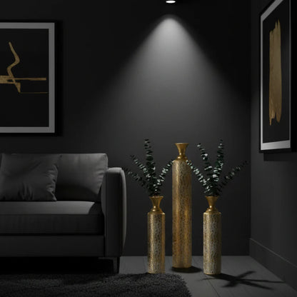 Set of 3 Gold & White Metal Floor Vases Distressed Vine Pattern Tall Decorative Cylinder Vase Set for Living Room