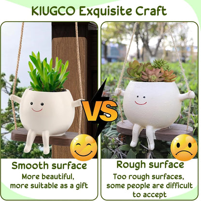 Glossy Swing Smiley Face Planter Pot Head, Small Hanging Planter for Indoor Outdoor Plants, Cute Hanging Flower Pot for String of Pearls Plant Live, Birthday Gifts