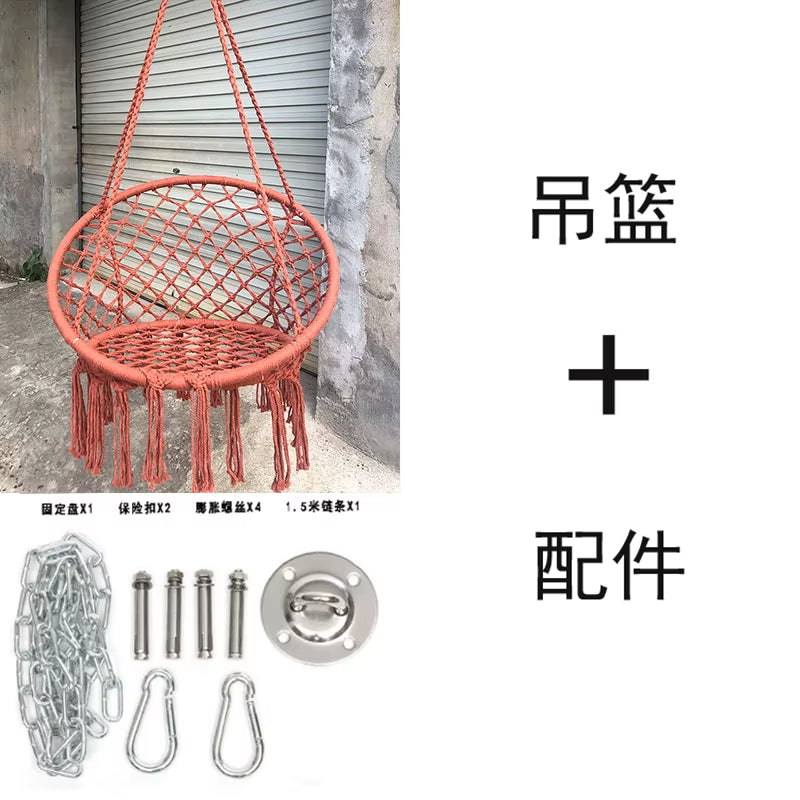 ‌Nordic Style Hanging Basket, Handmade Cotton Rope Swing Chair, Balcony Relaxation Cradle, Boho Indoor Fringe Hanging Chair