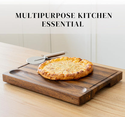 Tropical Walnut Wood Cutting Board – 17X13X1.6" Charcuterie | Handmade in Bali - Silky-Smooth, Juice Groove, Sorting Compartment, Knife‑Friendly, Ergonomic Grips & Non‑Slip Feet