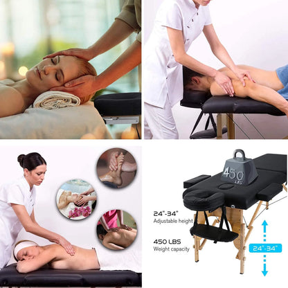 Professional Massage Table Portable Folding Massage Bed 73 Inch 2 Fold Height Adjustable Spa Bed W/Carry Case, 450 LBS, Black