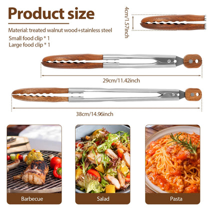 2Pcs Kitchen Wooden Tongs for Cooking - Nonstick Kitchen Salad Tongs for Serving Food, Grilling, Cooking, BBQ and Tossing Salad - Made of Natural Walnut Wood