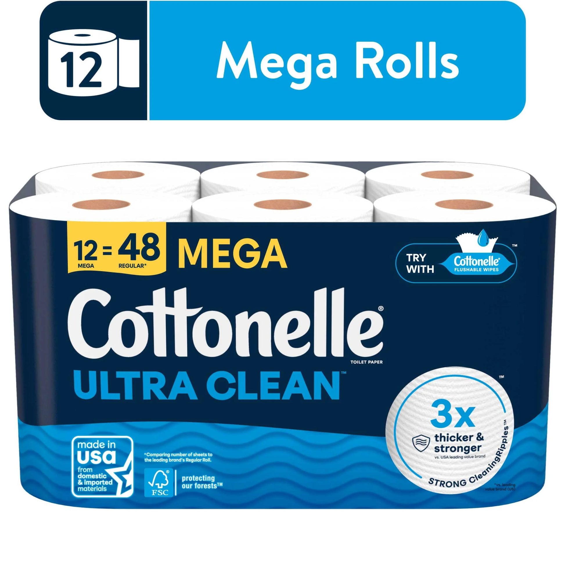 Ultra Clean Toilet Paper, Strong Toilet Tissue, 12 Mega Rolls