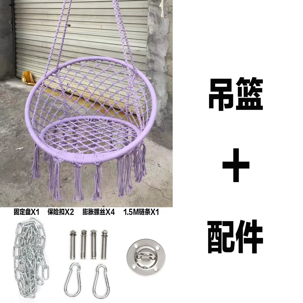 ‌Nordic Style Hanging Basket, Handmade Cotton Rope Swing Chair, Balcony Relaxation Cradle, Boho Indoor Fringe Hanging Chair