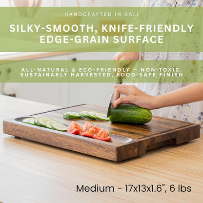 Tropical Walnut Wood Cutting Board – 17X13X1.6" Charcuterie | Handmade in Bali - Silky-Smooth, Juice Groove, Sorting Compartment, Knife‑Friendly, Ergonomic Grips & Non‑Slip Feet