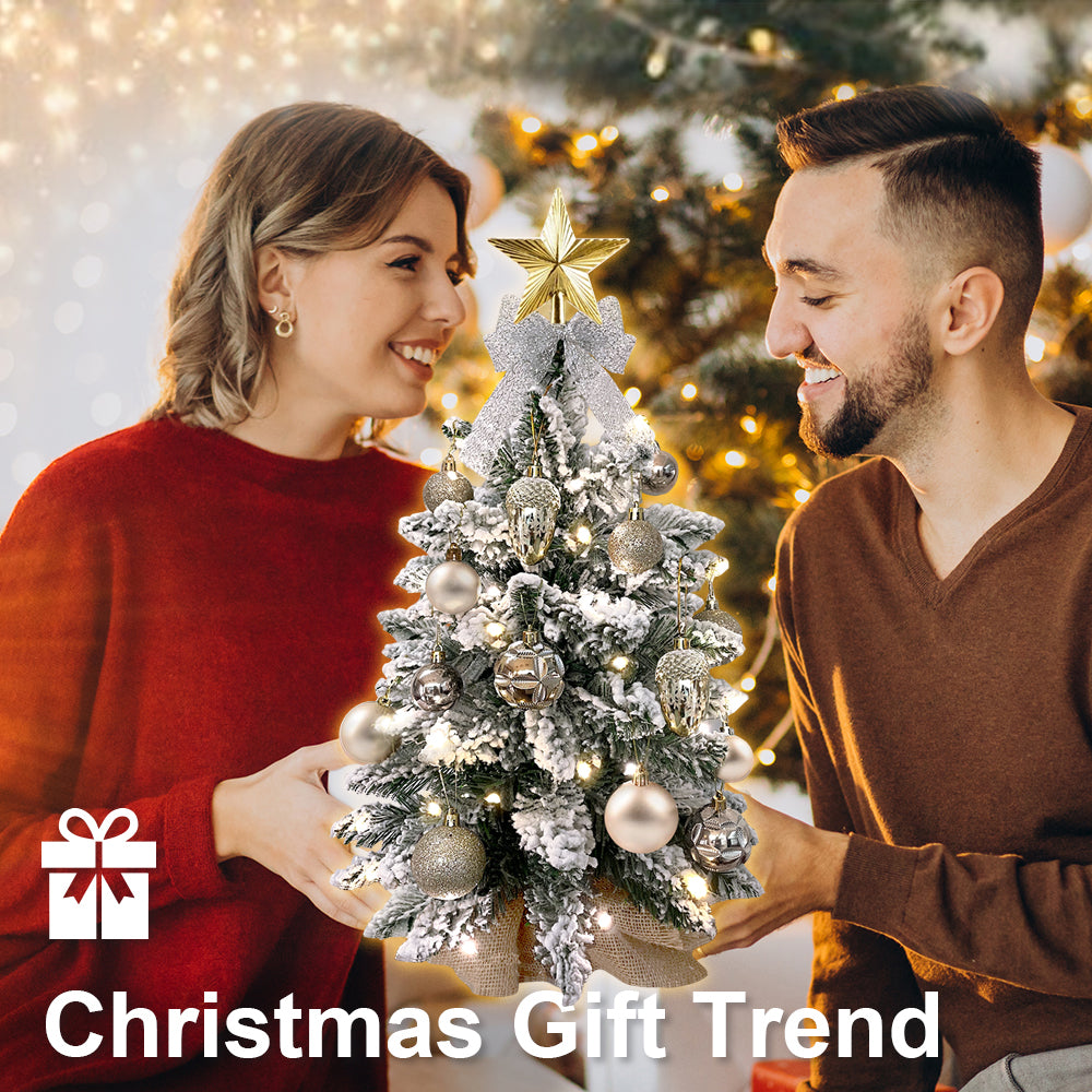 2Ft Mini Christmas Tree with Light Artificial Small Tabletop Christmas Decoration with Flocked Snow, Exquisite Decor & Xmas Ornaments for Table Top for Home & Office, Rose Gold