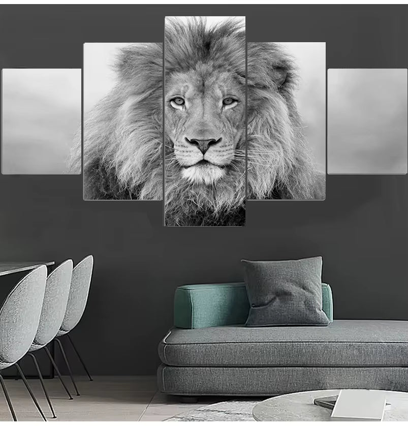 Black and White Animals Modular Canvas Pictures Art 5 Pieces Lion Poster Decor Living Room Wall HD Printing Paintings Framework