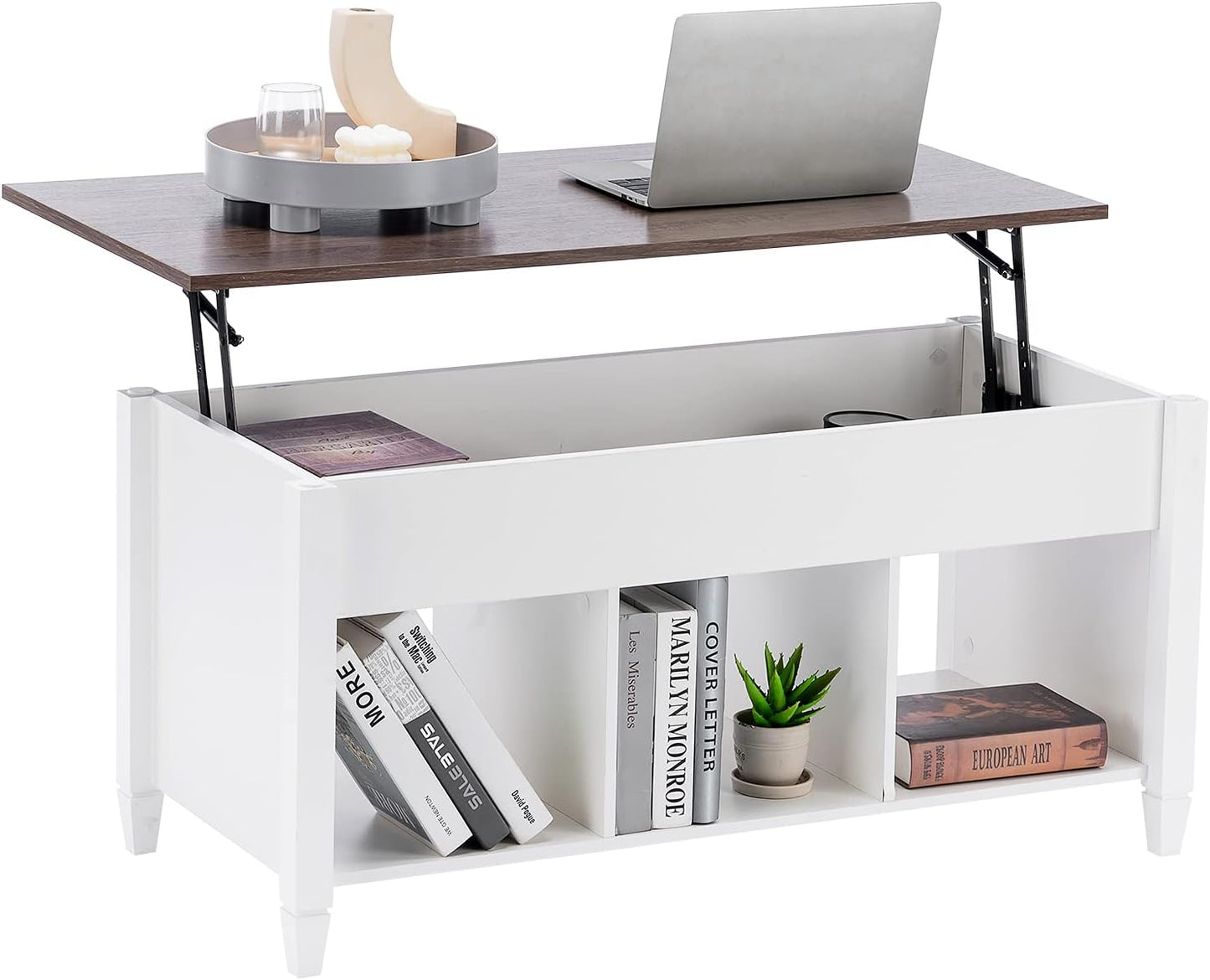 Lift Top Coffee Table with Storage Shelf W/Hidden Compartment and 3 Lower Open Shelves for Living Room,White