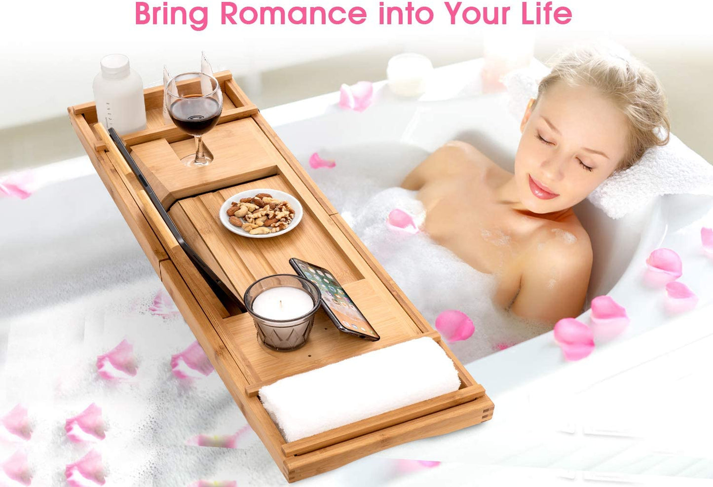 Bamboo Bathtub Caddy Tray Durable, Non-Slip, One or Two Person Bath and Bed Tray, Extending Sides Fits Any Tub, Cellphone and Wineglass Holder, Free Soap Holder -Yellow