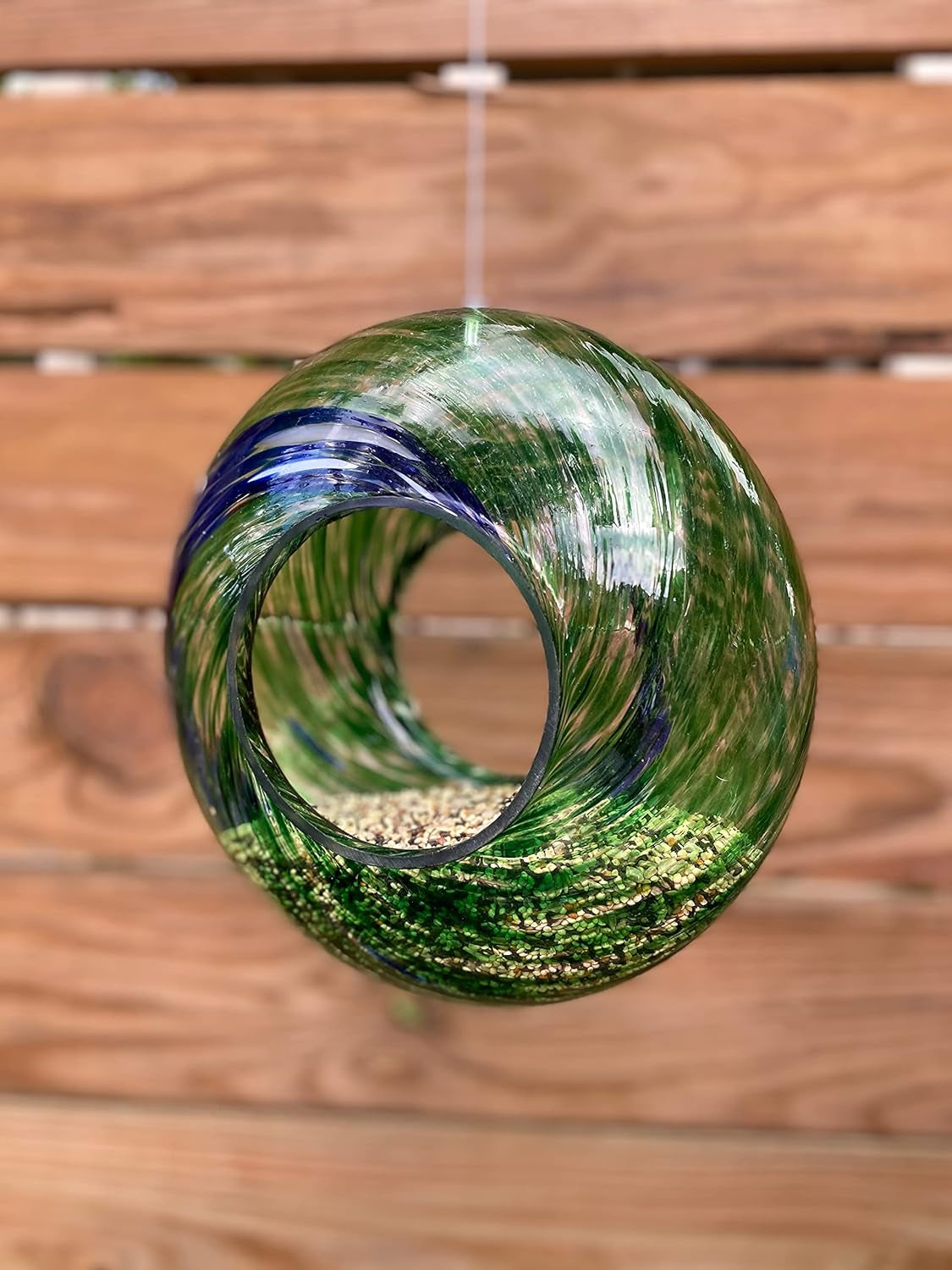 Glass Bird Feeder, New, Unique Bird Feeders for outside with Fly through Circle, Hanging for Outdoor Yard, Porch, Patio, Deck Bird Watching - 9 Inches (Green)